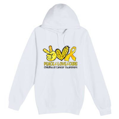 Peace Love Cure Golden Ribbon Childhood Cancer Awareness Premium Pullover Hoodie