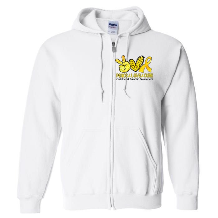 Peace Love Cure Golden Ribbon Childhood Cancer Awareness Full Zip Hoodie