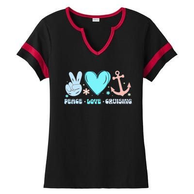 Peace Love Cruising Ocean Vacation Cruise Ship Family Ladies Halftime Notch Neck Tee