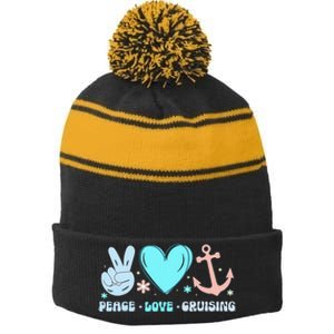 Peace Love Cruising Ocean Vacation Cruise Ship Family Stripe Pom Pom Beanie