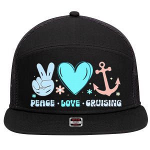 Peace Love Cruising Ocean Vacation Cruise Ship Family 7 Panel Mesh Trucker Snapback Hat