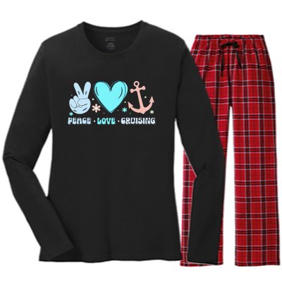 Peace Love Cruising Ocean Vacation Cruise Ship Family Women's Long Sleeve Flannel Pajama Set 