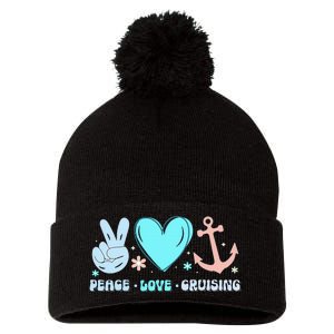 Peace Love Cruising Ocean Vacation Cruise Ship Family Pom Pom 12in Knit Beanie