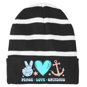 Peace Love Cruising Ocean Vacation Cruise Ship Family Striped Beanie with Solid Band