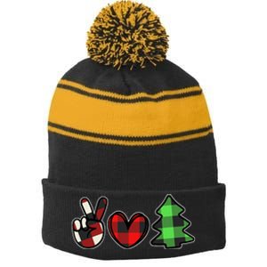 Peace Love Christmas Plaid Holiday Stripe Pom Pom Beanie