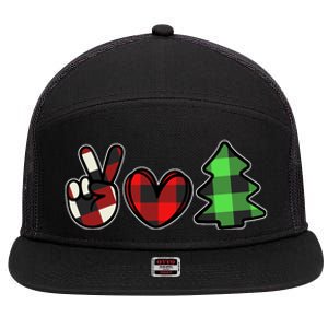 Peace Love Christmas Plaid Holiday 7 Panel Mesh Trucker Snapback Hat