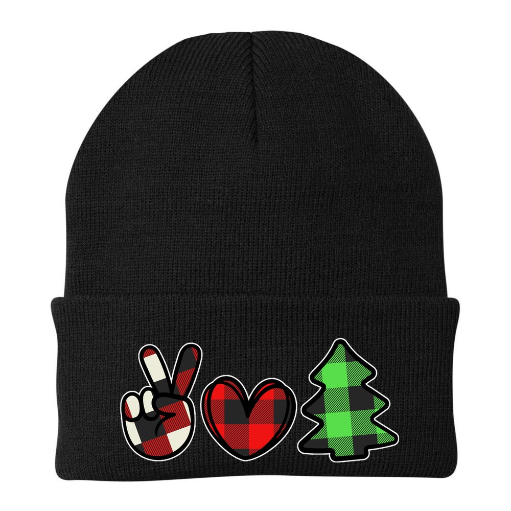 Peace Love Christmas Plaid Holiday Beanie