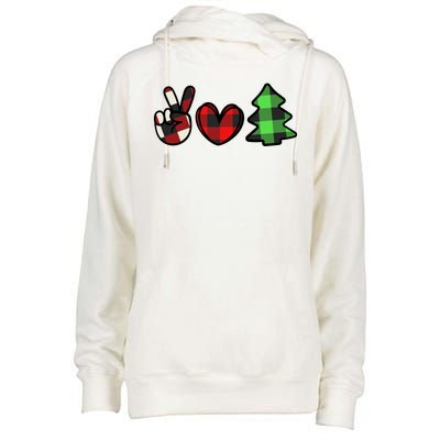 Peace Love Christmas Plaid Holiday Womens Funnel Neck Pullover Hood