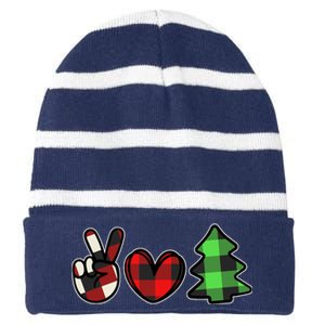 Peace Love Christmas Plaid Holiday Striped Beanie with Solid Band