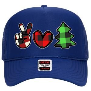 Peace Love Christmas Plaid Holiday High Crown Mesh Back Trucker Hat