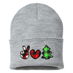 Peace Love Christmas Plaid Holiday Sustainable Knit Beanie