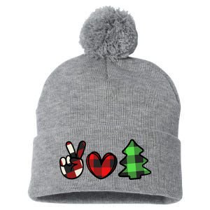 Peace Love Christmas Plaid Holiday Pom Pom 12in Knit Beanie