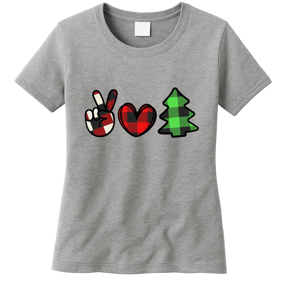 Peace Love Christmas Plaid Holiday Womens T-Shirt