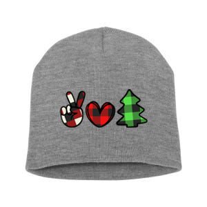 Peace Love Christmas Plaid Holiday Short Acrylic Beanie