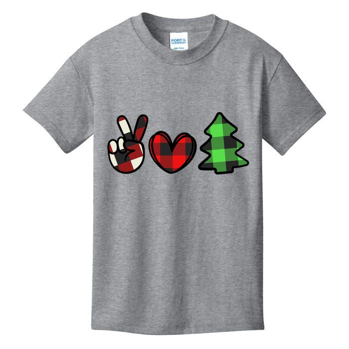 Peace Love Christmas Plaid Holiday Kids T-Shirt