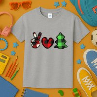 Peace Love Christmas Plaid Holiday Kids T-Shirt