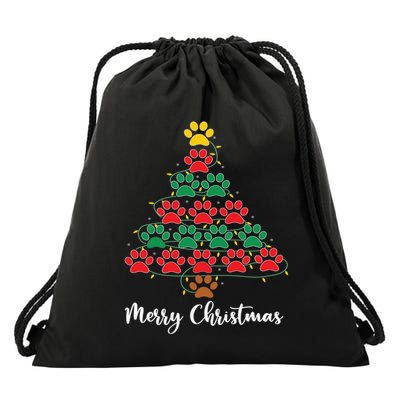 Pet Lover Christmas Tree Funny Paw Print Xmas Tree Meaningful Gift Drawstring Bag
