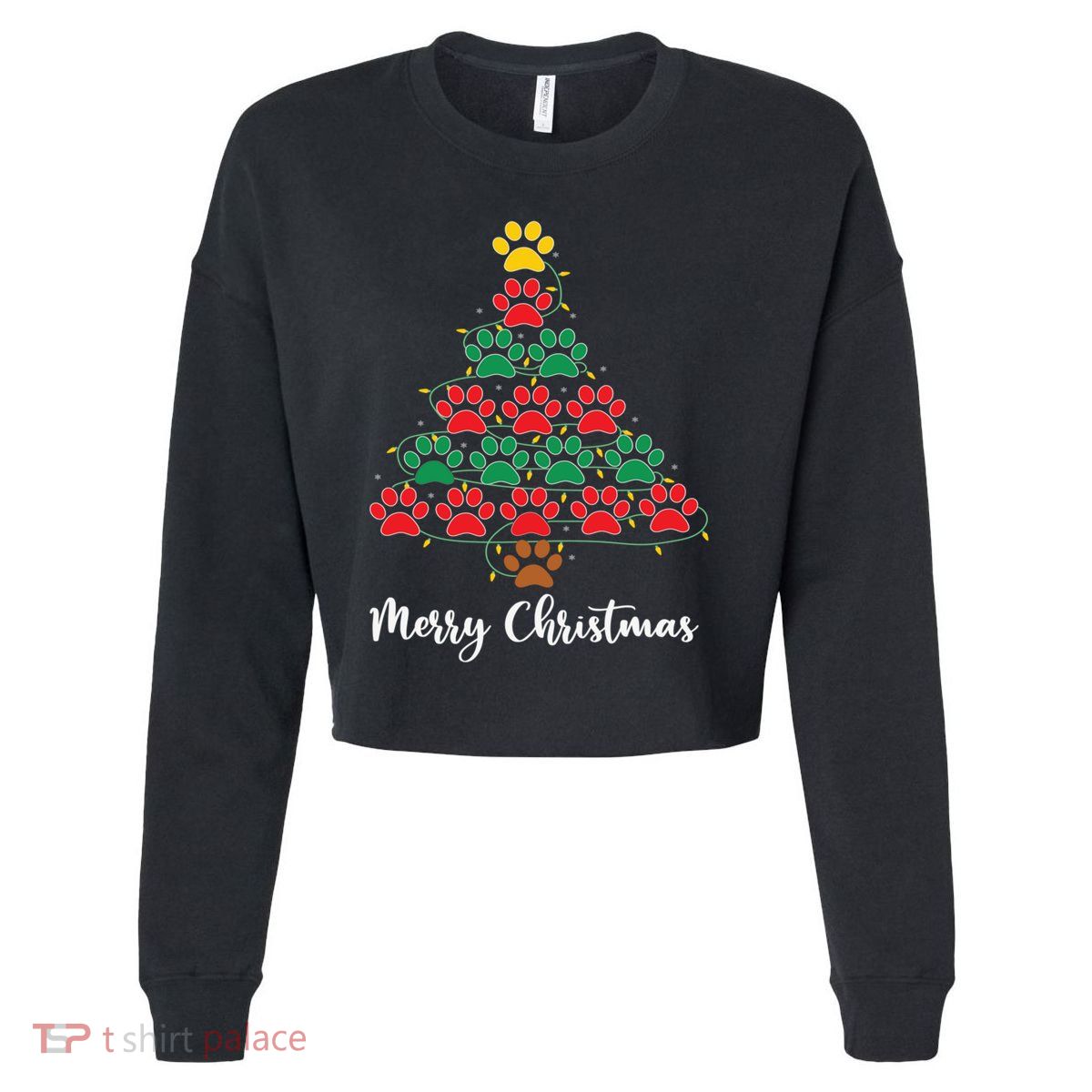 Pet Lover Christmas Tree Funny Paw Print Xmas Tree Meaningful Gift Cropped Pullover Crew