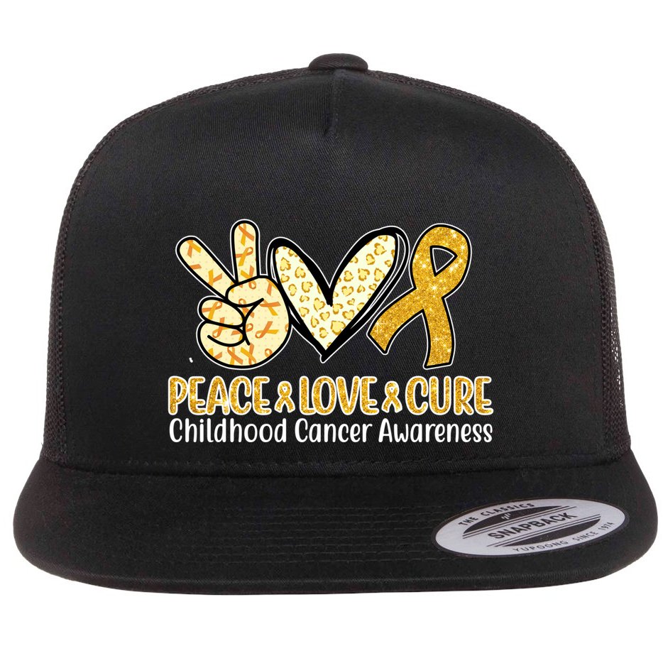 Peace Love Cure Childhood Cancer Awareness Flat Bill Trucker Hat