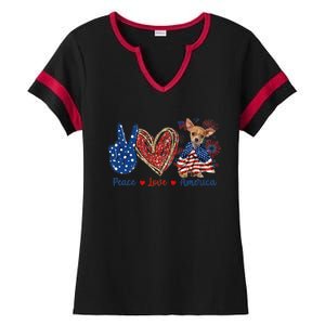 Peace Love Chihuahua Dog Patriotic America Flag 4th July Cute Gift Ladies Halftime Notch Neck Tee