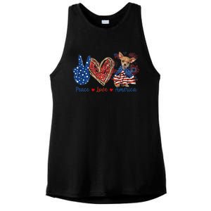 Peace Love Chihuahua Dog Patriotic America Flag 4th July Cute Gift Ladies PosiCharge Tri-Blend Wicking Tank