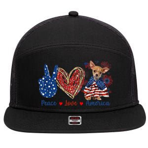 Peace Love Chihuahua Dog Patriotic America Flag 4th July Cute Gift 7 Panel Mesh Trucker Snapback Hat