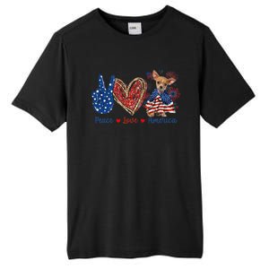 Peace Love Chihuahua Dog Patriotic America Flag 4th July Cute Gift Tall Fusion ChromaSoft Performance T-Shirt