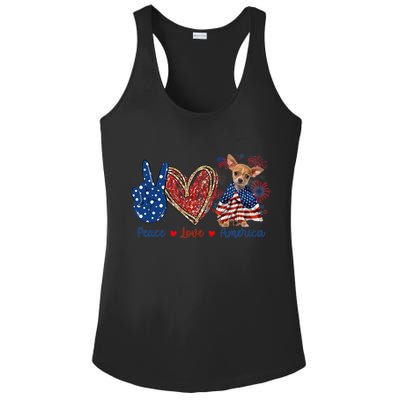 Peace Love Chihuahua Dog Patriotic America Flag 4th July Cute Gift Ladies PosiCharge Competitor Racerback Tank
