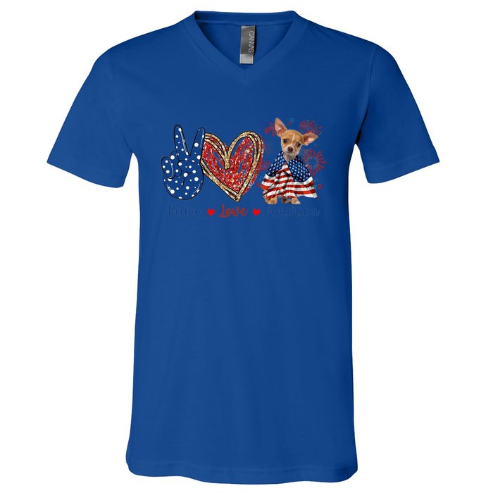 Peace Love Chihuahua Dog Patriotic America Flag 4th July Cute Gift V-Neck T-Shirt