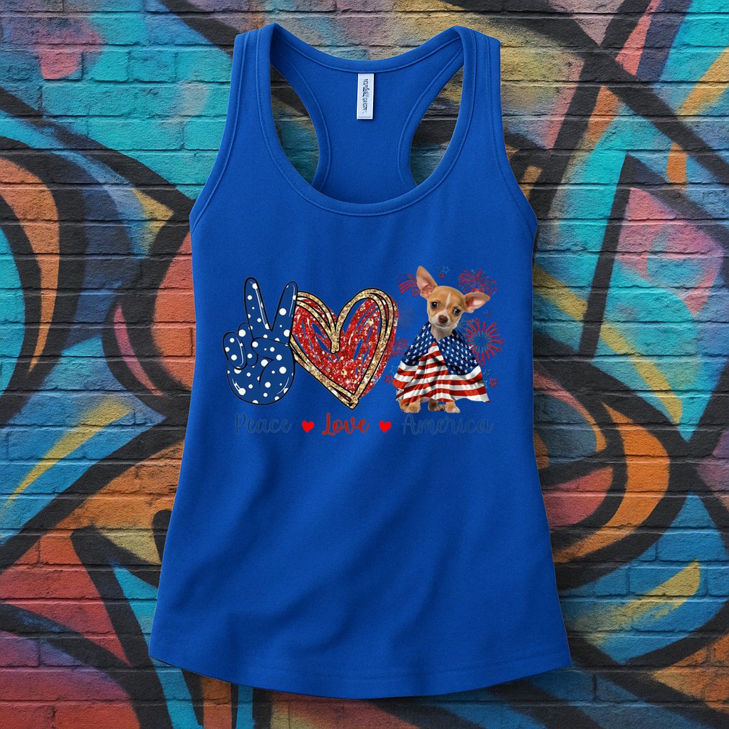 Peace Love Chihuahua Dog Patriotic America Flag 4th July Cute Gift Womens Tank Top