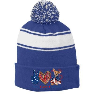 Peace Love Chihuahua Dog Patriotic America Flag 4th July Cute Gift Stripe Pom Pom Beanie