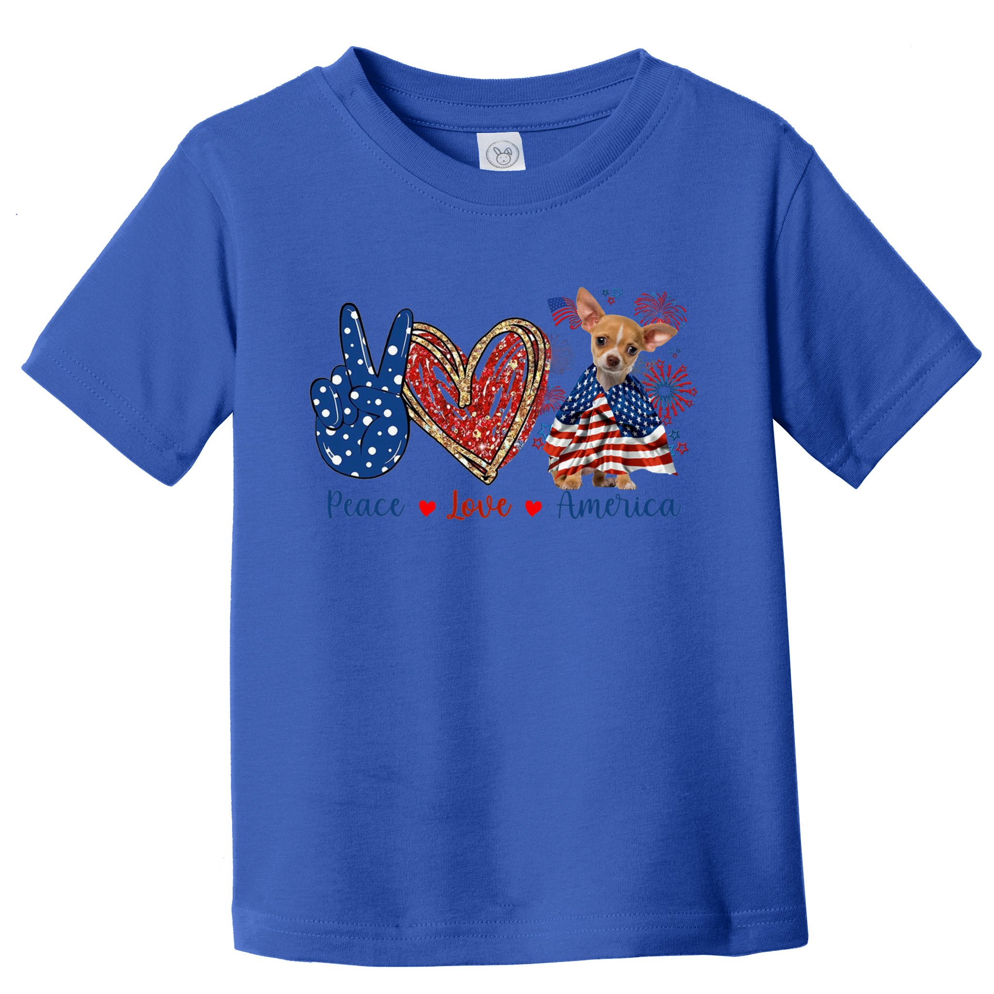 Peace Love Chihuahua Dog Patriotic America Flag 4th July Cute Gift Toddler T-Shirt