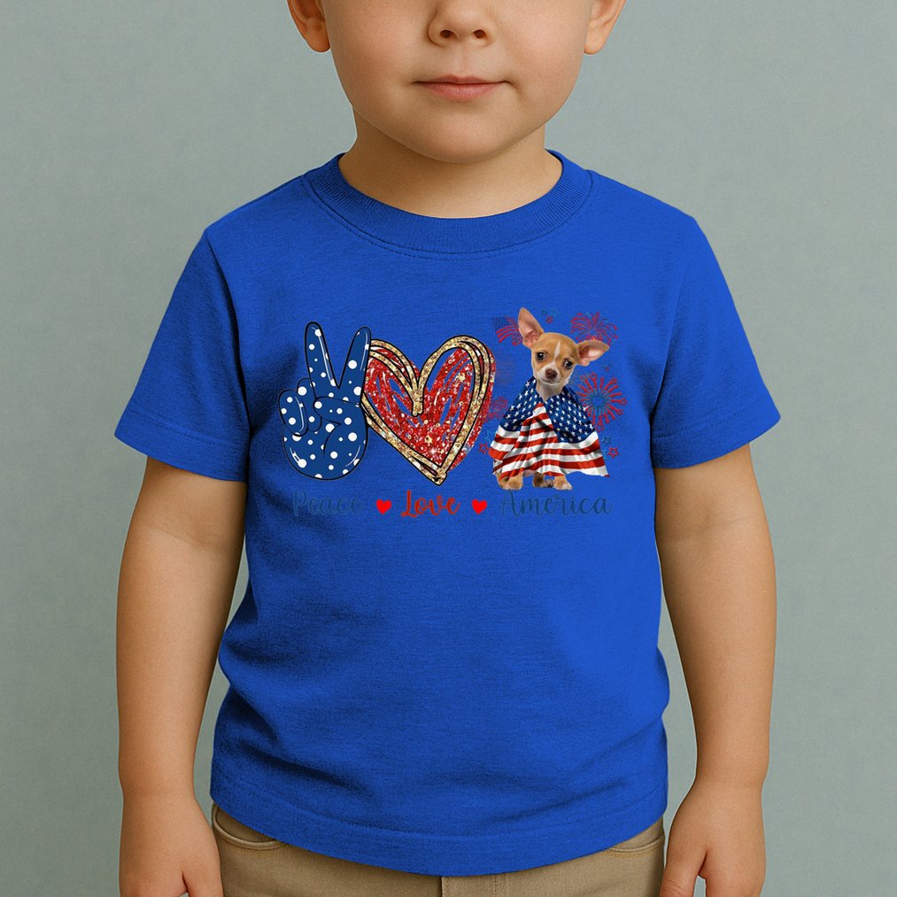 Peace Love Chihuahua Dog Patriotic America Flag 4th July Cute Gift Toddler T-Shirt