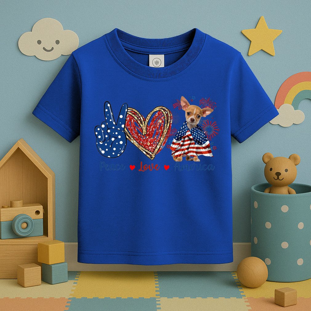 Peace Love Chihuahua Dog Patriotic America Flag 4th July Cute Gift Toddler T-Shirt