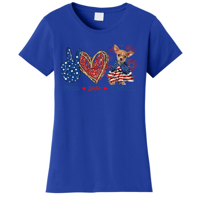 Peace Love Chihuahua Dog Patriotic America Flag 4th July Cute Gift Women's T-Shirt