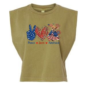 Peace Love Chihuahua Dog Patriotic America Flag 4th July Cute Gift Garment-Dyed Women's Muscle Tee