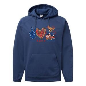 Peace Love Chihuahua Dog Patriotic America Flag 4th July Cute Gift Performance Fleece Hoodie