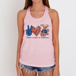 Peace Love Chihuahua Dog Patriotic America Flag 4th July Cute Gift Women's Knotted Racerback Tank