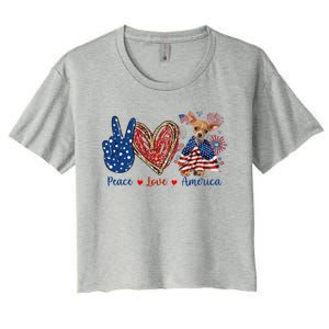 Peace Love Chihuahua Dog Patriotic America Flag 4th July Cute Gift Women's Crop Top Tee