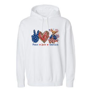 Peace Love Chihuahua Dog Patriotic America Flag 4th July Cute Gift Garment-Dyed Fleece Hoodie