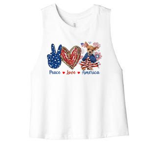 Peace Love Chihuahua Dog Patriotic America Flag 4th July Cute Gift Women's Racerback Cropped Tank