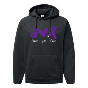 Peace Love Cure Pancreatic Cancer Awareness Purple Ribbon  Performance Fleece Hoodie