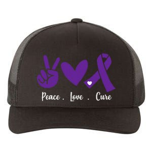 Peace Love Cure Pancreatic Cancer Awareness Purple Ribbon  Yupoong Adult 5-Panel Trucker Hat