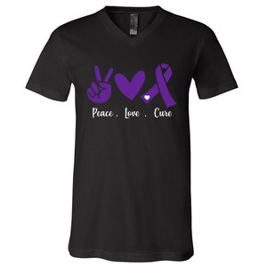 Peace Love Cure Pancreatic Cancer Awareness Purple Ribbon  V-Neck T-Shirt