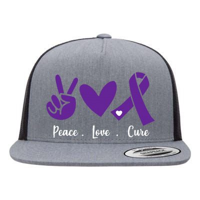 Peace Love Cure Pancreatic Cancer Awareness Purple Ribbon  Flat Bill Trucker Hat