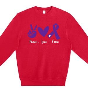 Peace Love Cure Pancreatic Cancer Awareness Purple Ribbon  Premium Crewneck Sweatshirt