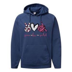 Peace Love Crochet Funny Crocheting Lover Present Performance Fleece Hoodie