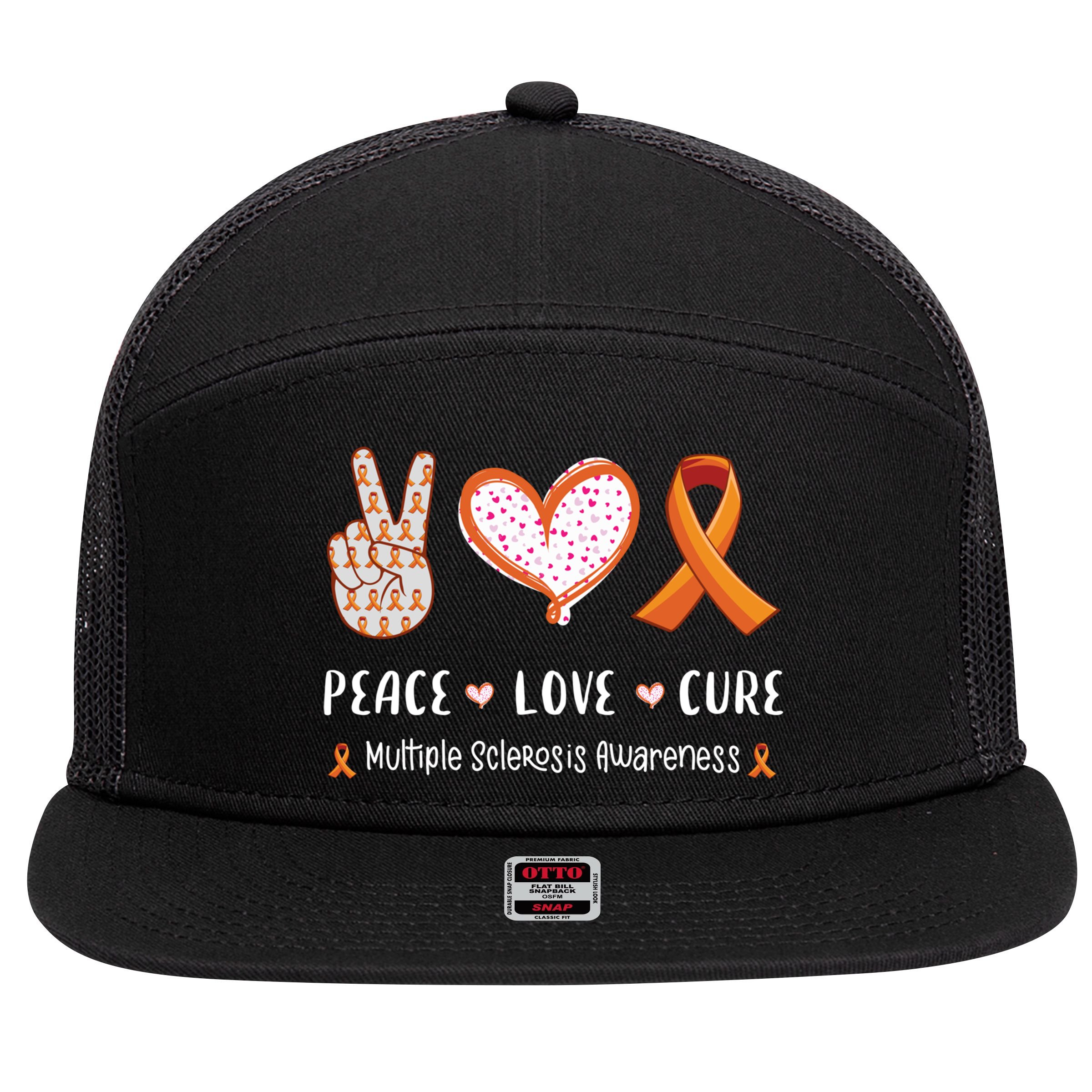 Peace Love Cure Multiple Sclerosis Awareness Gift 7 Panel Mesh Trucker Snapback Hat