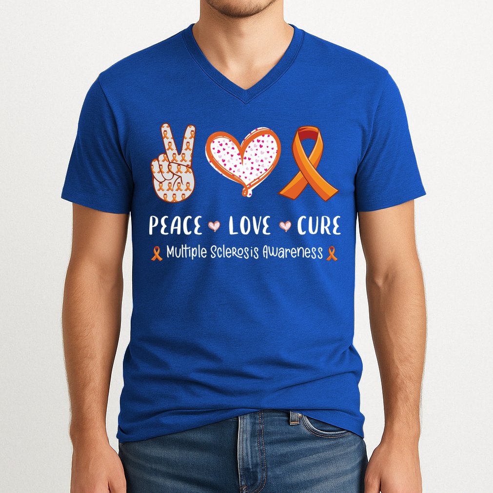 Peace Love Cure Multiple Sclerosis Awareness Gift V-Neck T-Shirt