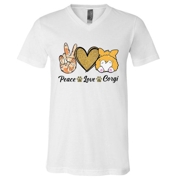 Peace Love Corgi Funny Dog Mom Mother's Day Gift Corgi Lover V-Neck T-Shirt